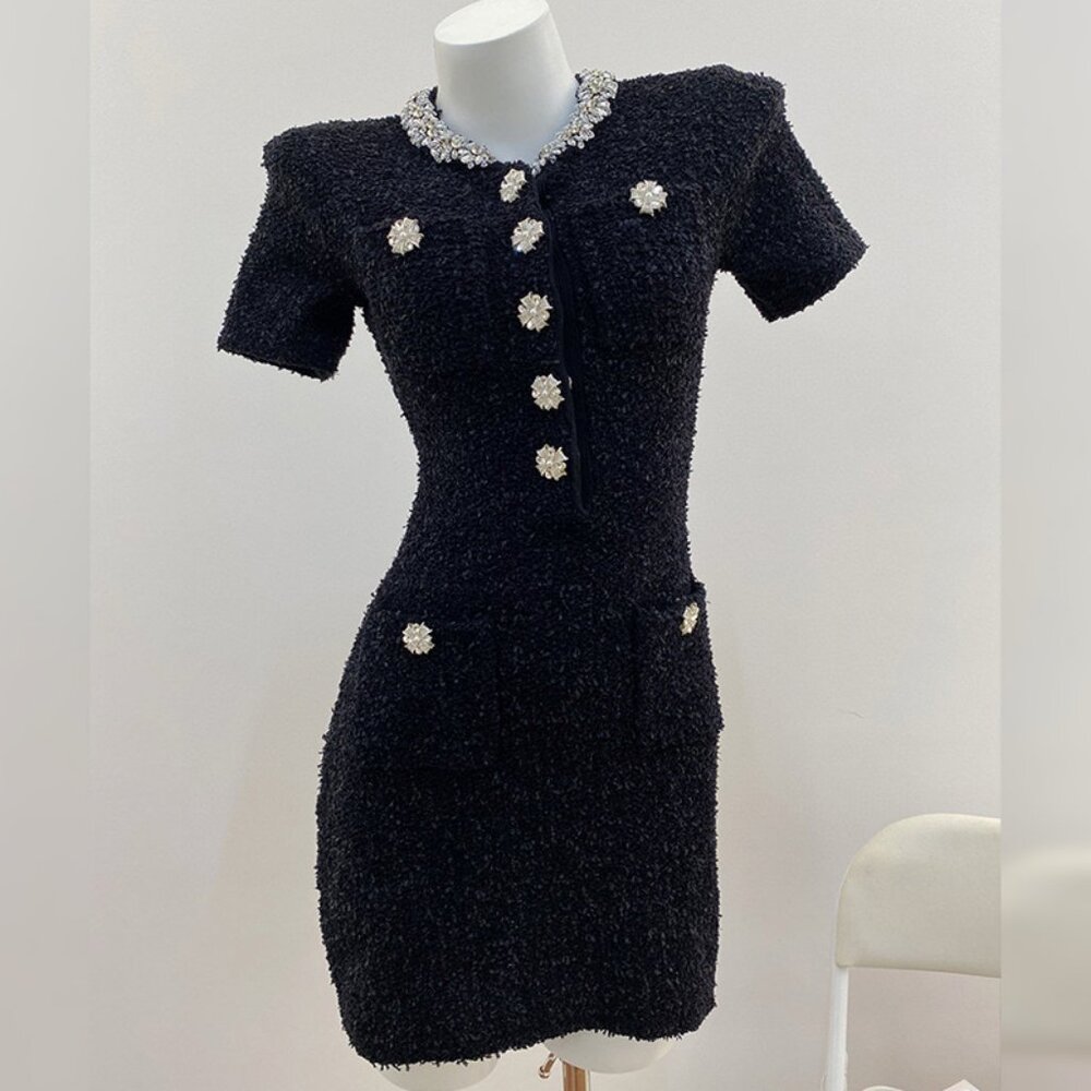 Self-Portrait Black Tweed Mini Dress with Crystal Embellishments | Size S